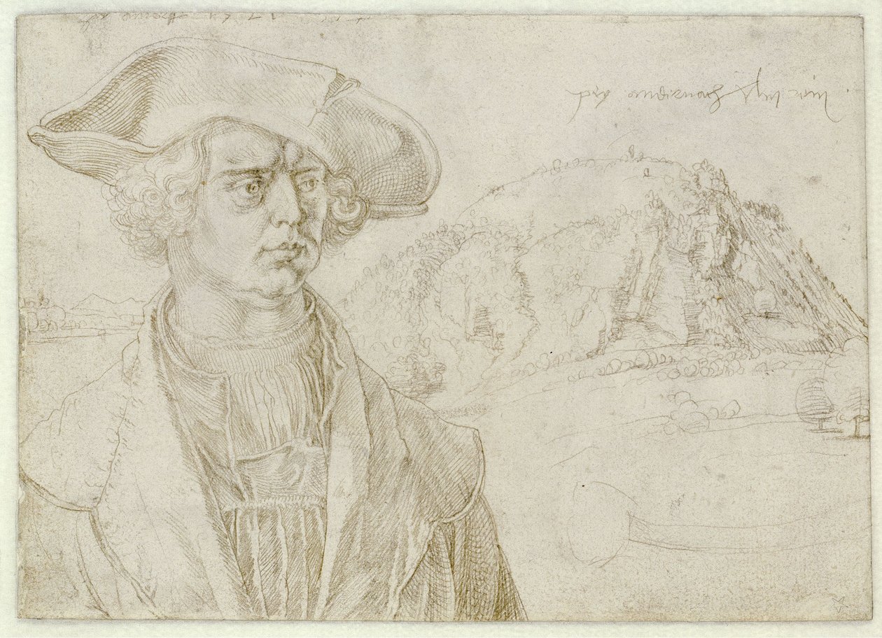 Męskie popiersie (Aert Bruyn?) i pejzaż w pobliżu Andernach autorstwa Albrecht Dürer