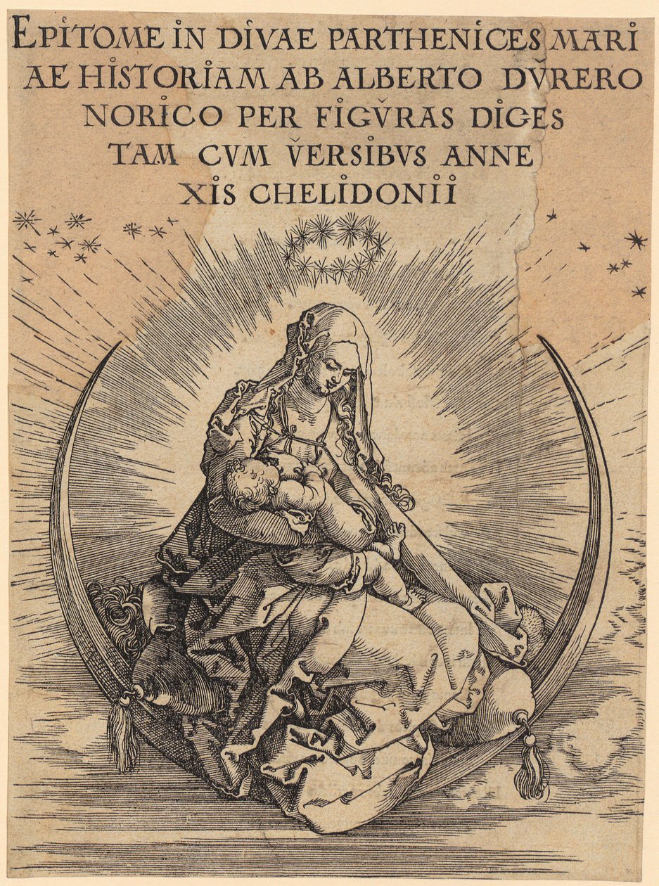 Maria na półksiężycu, arkusz 1 z cyklu „Życie Maryi” autorstwa Albrecht Dürer
