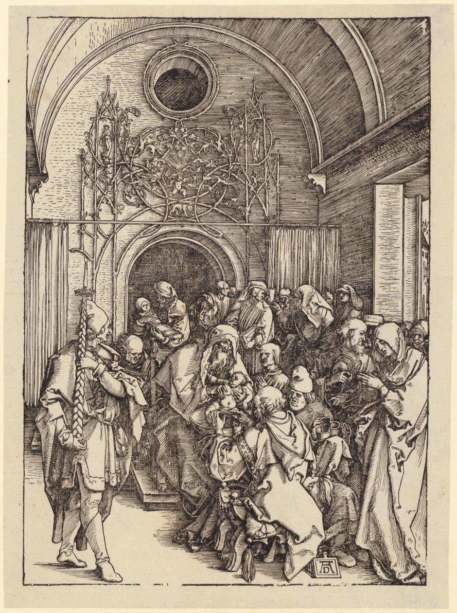 Maria na półksiężycu, arkusz 1 z cyklu „Życie Marii” autorstwa Albrecht Dürer