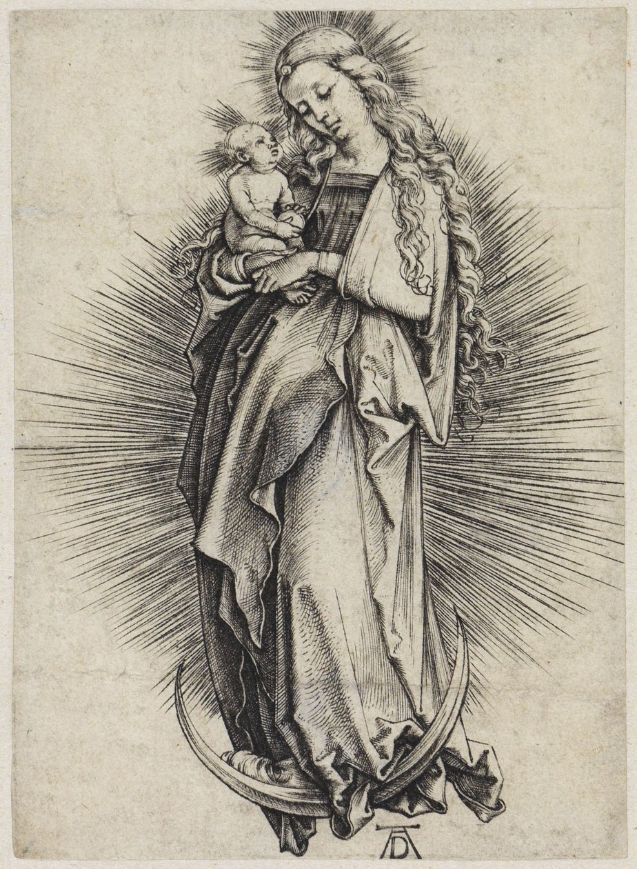 Maria z długimi włosami na sierpie księżyca autorstwa Albrecht Dürer