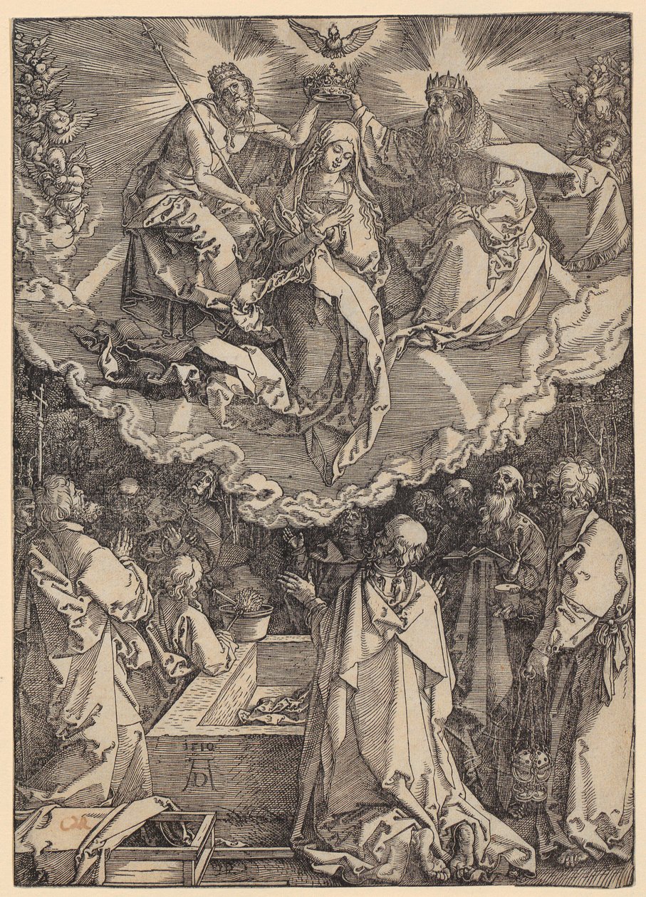 Wniebowzięcie Najświętszej Maryi Panny i koronacja, arkusz 19 z cyklu „Życie Maryi” autorstwa Albrecht Dürer