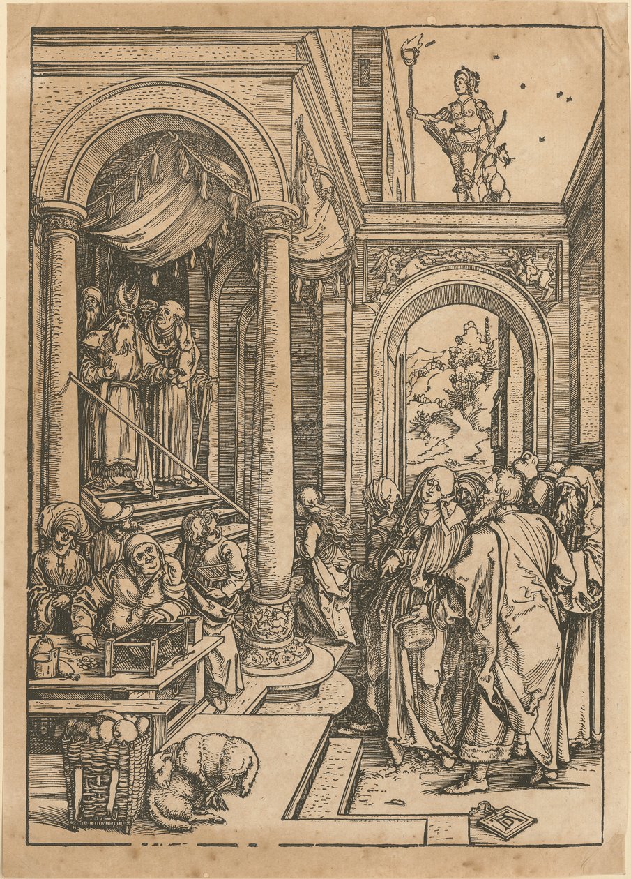 Pójście Maryi do świątyni, arkusz 6 z cyklu „Życie Maryi” autorstwa Albrecht Dürer