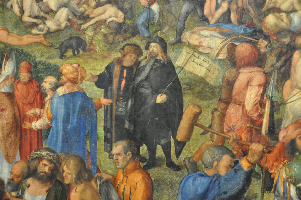 Męczeństwo dziesięciu tysięcy chrześcijan; detal: Dürer i Conrad Celtis. autorstwa Albrecht Dürer