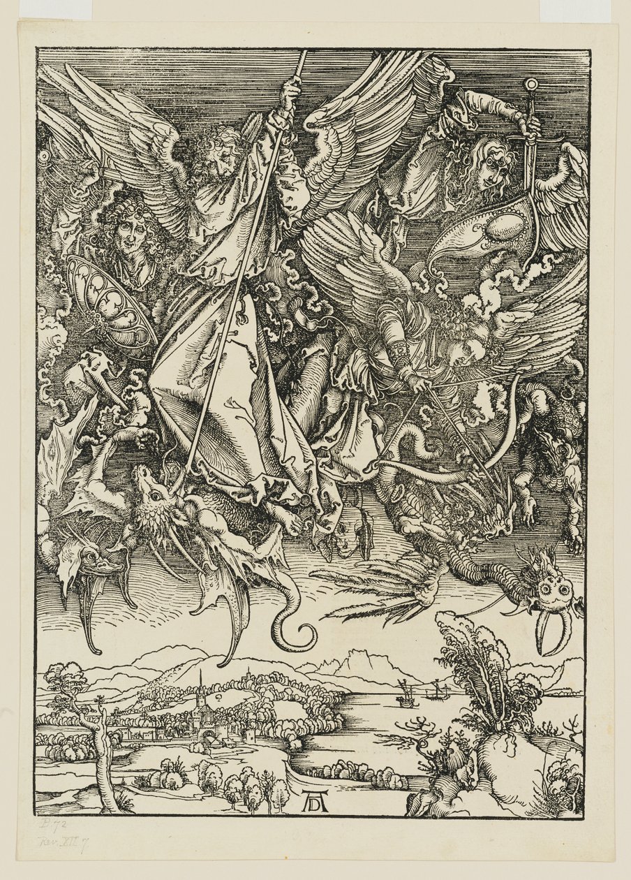 Michał i jego aniołowie walczą ze smokiem autorstwa Albrecht Dürer
