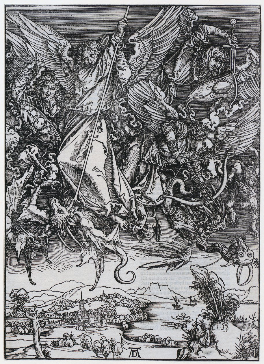 Walka Michała ze smokiem, postać X, arkusz 12 z cyklu „Apokalipsa” autorstwa Albrecht Dürer
