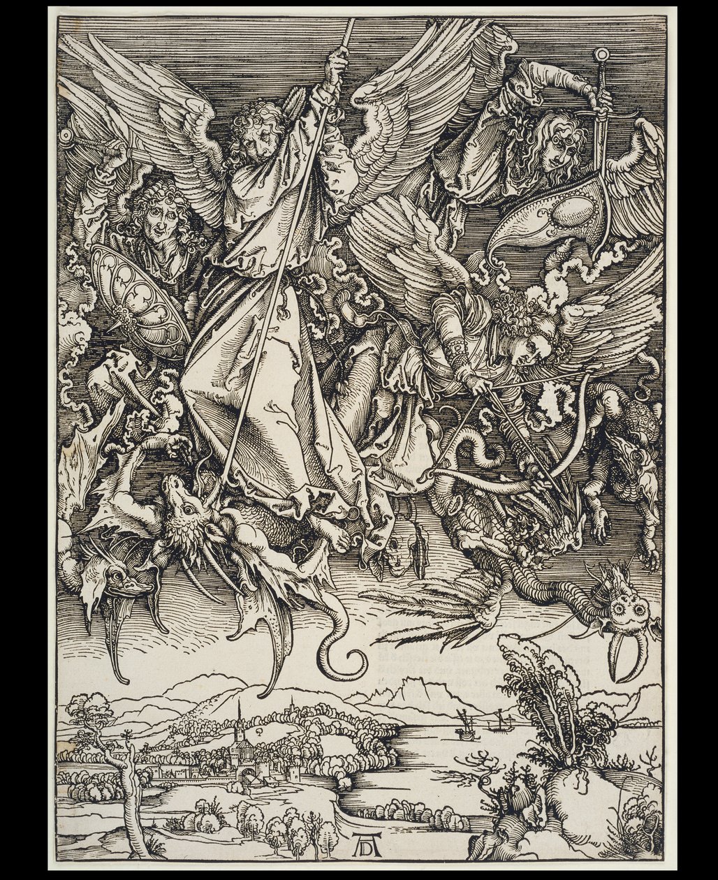 Walka Michała ze smokiem, z cyklu Apokalipsa, pierwsze wydanie niemieckie 1498 autorstwa Albrecht Dürer