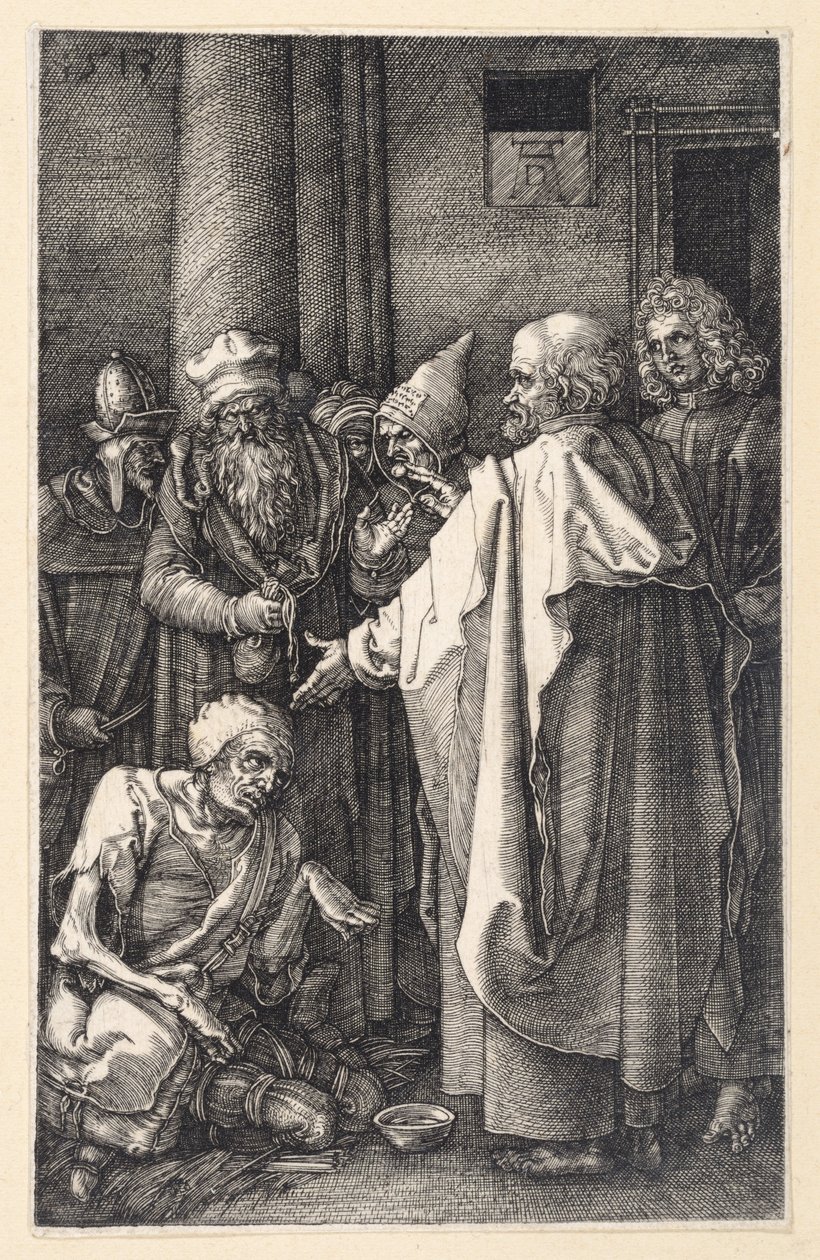 Piotr i Jan uzdrawiają chromego żebraka w świątyni (Pasja miedziorytnicza) autorstwa Albrecht Dürer