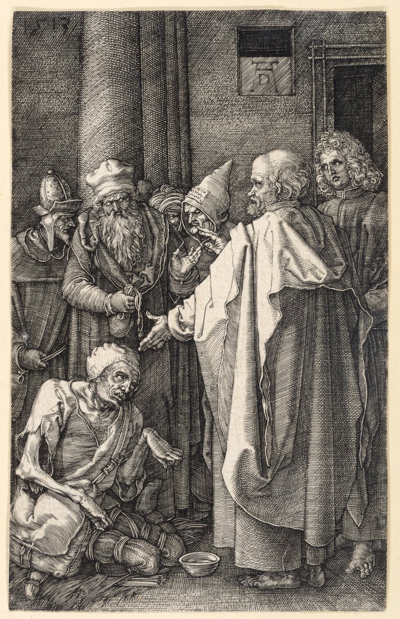 Piotr i Jan uzdrawiają chromego żebraka w świątyni (Pasja miedziorytnicza) autorstwa Albrecht Dürer