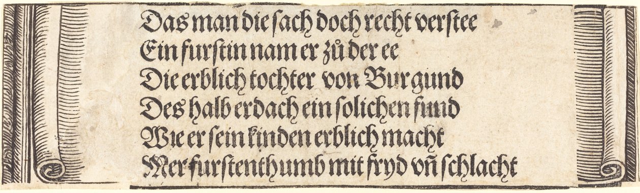 Tekst drukowany do Zaręczyny Maksymiliana z Marią Burgundii, 1515. autorstwa Albrecht Dürer