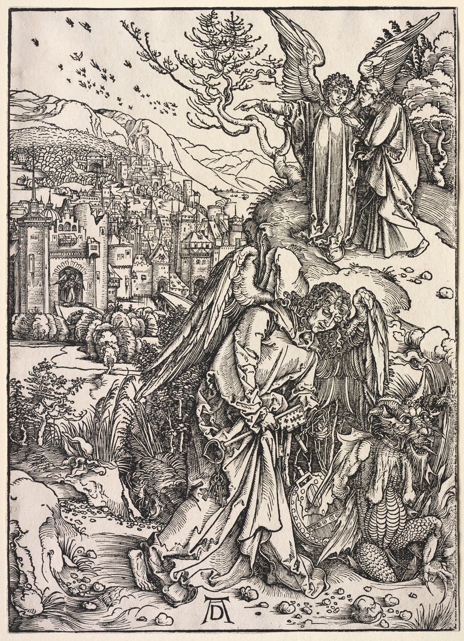 Objawienie św. Jana: Anioł z kluczem do bezdennej jamy autorstwa Albrecht Dürer