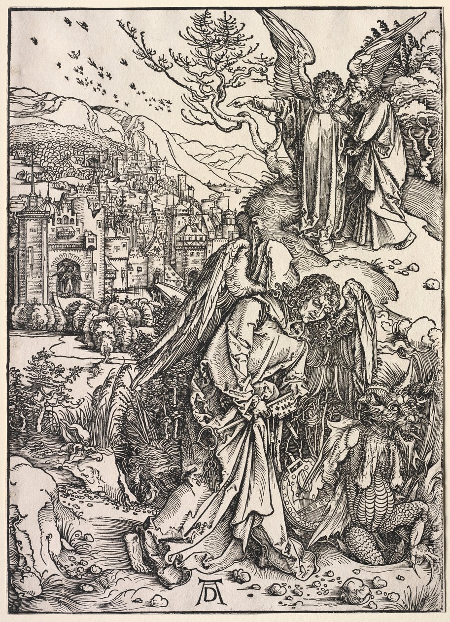 Objawienie św. Jana: Anioł z kluczem do bezdennej jamy, 1511. autorstwa Albrecht Dürer