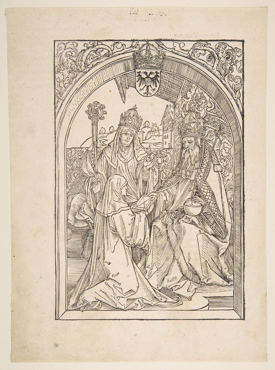 Rosvitha prezentująca komedie cesarzowi Ottonowi I. ilustracja z opery Hrosvi....n.d. autorstwa Albrecht Dürer