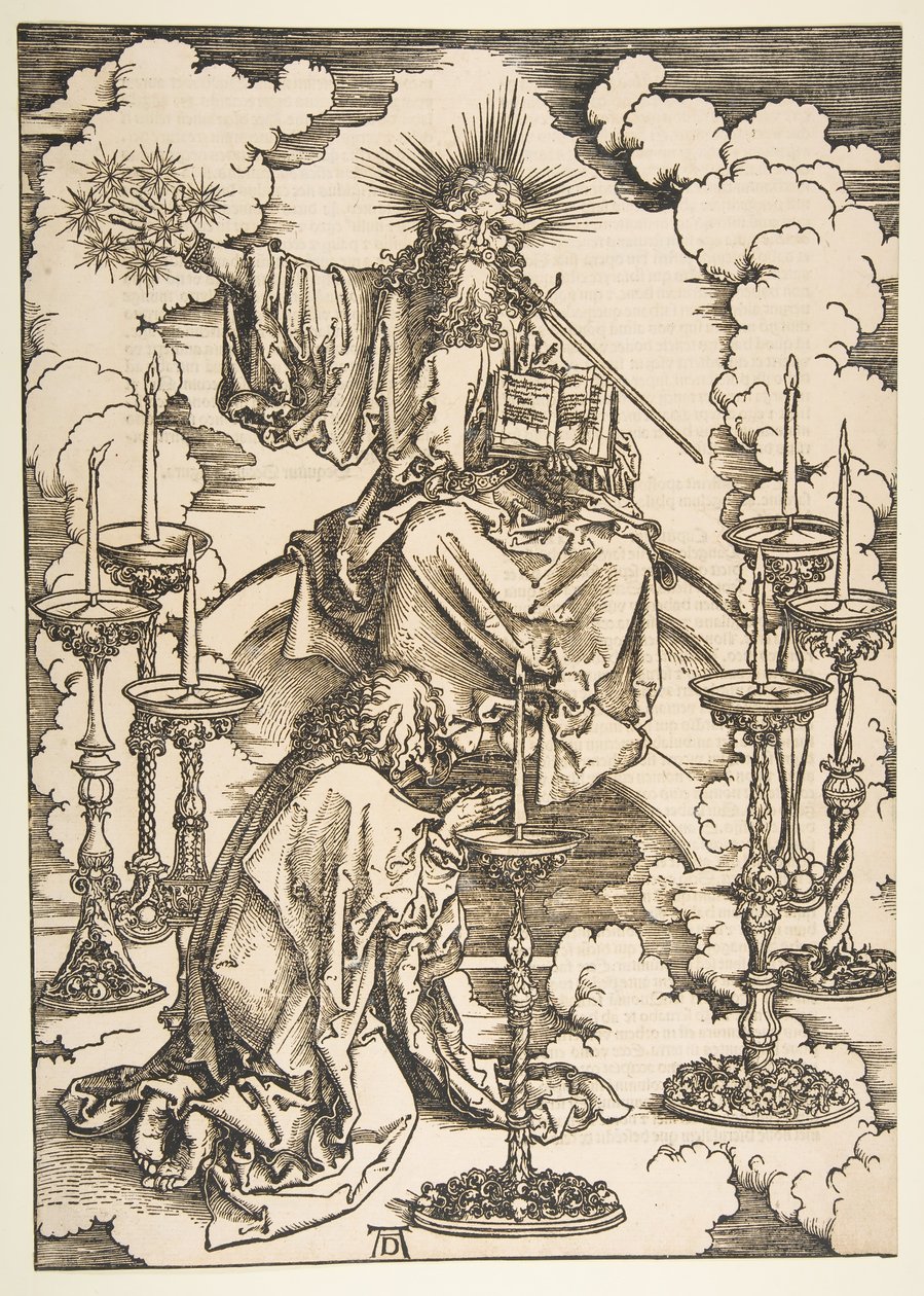 Święty Jan spoglądający na siedem złotych świeczników, z książki The Apocalypse.n.d. autorstwa Albrecht Dürer