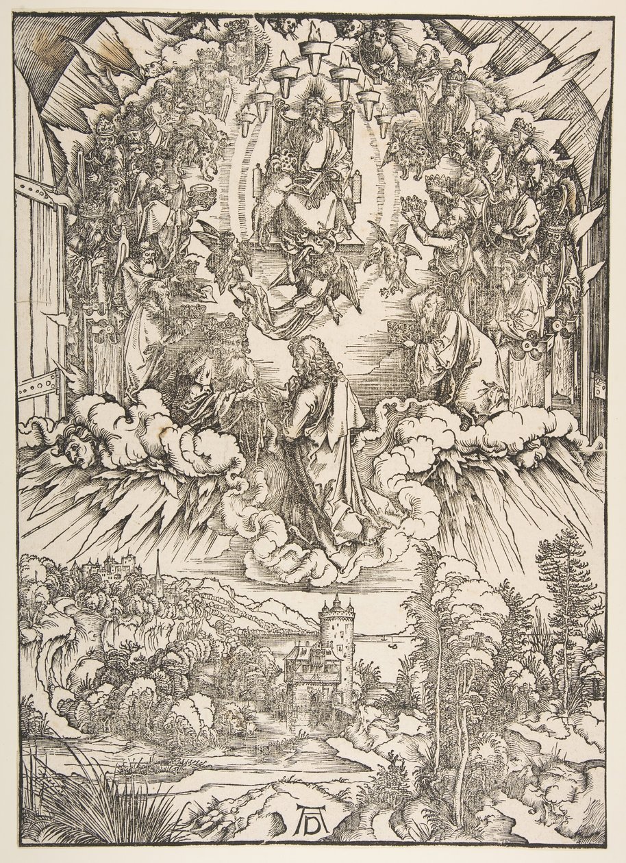 Św. Jan przed Bogiem i starszyzną, z Apokalipsy, ca. 1496. autorstwa Albrecht Dürer