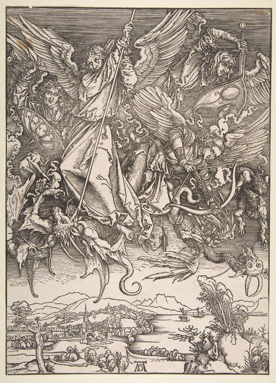 Święty Michał walczący ze smokiem, z cyklu „Apokalipsa” autorstwa Albrecht Dürer