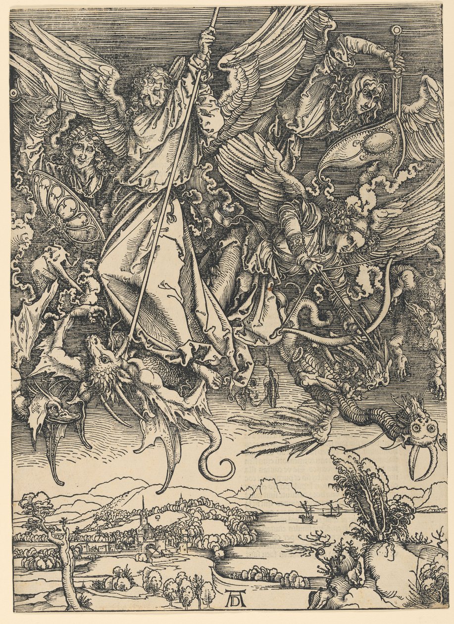 Święty Michał walczący ze smokiem, z cyklu „Apokalipsa” autorstwa Albrecht Dürer