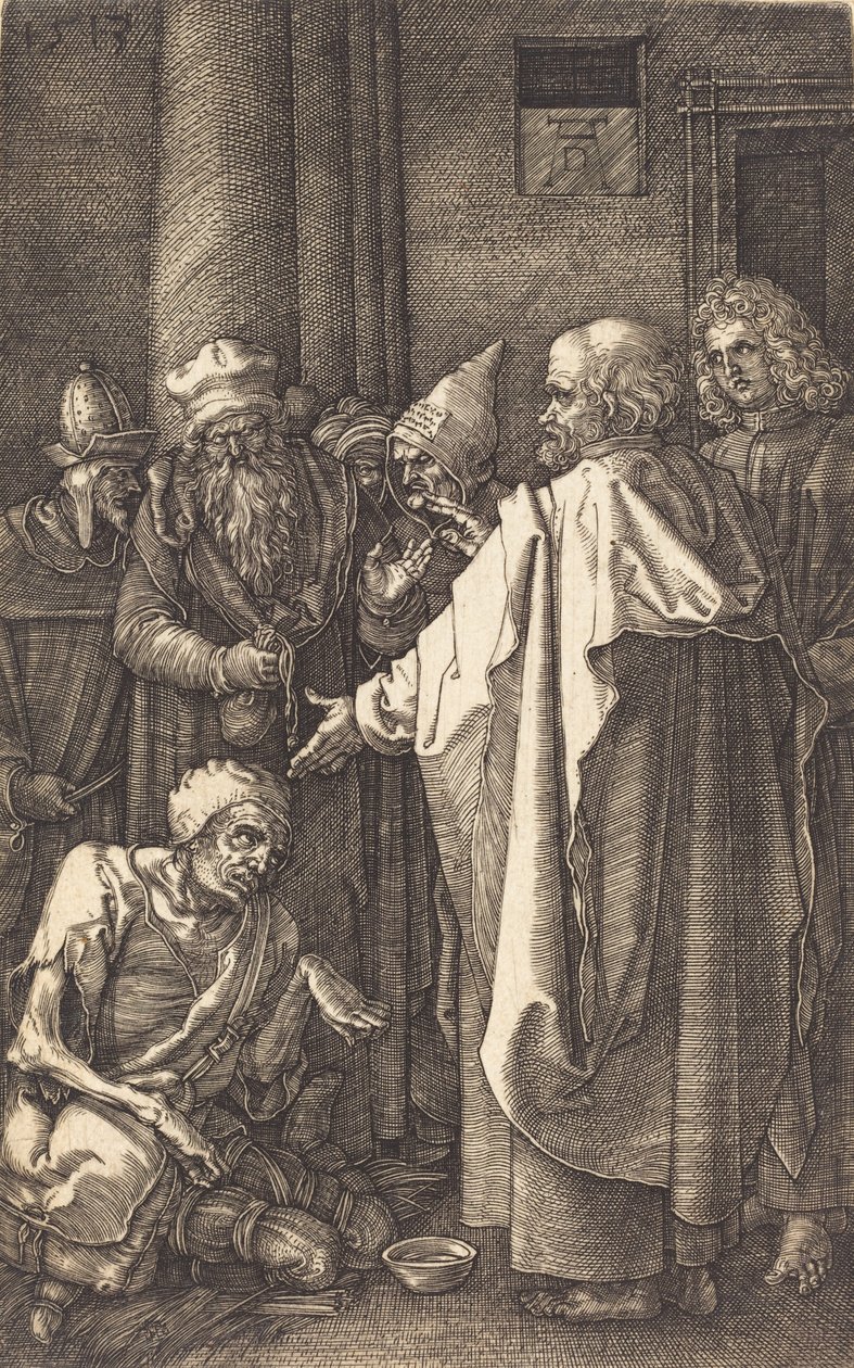 Św. Piotr i św. Jan uzdrawiający kalekę w bramie świątyni, 1513. autorstwa Albrecht Dürer