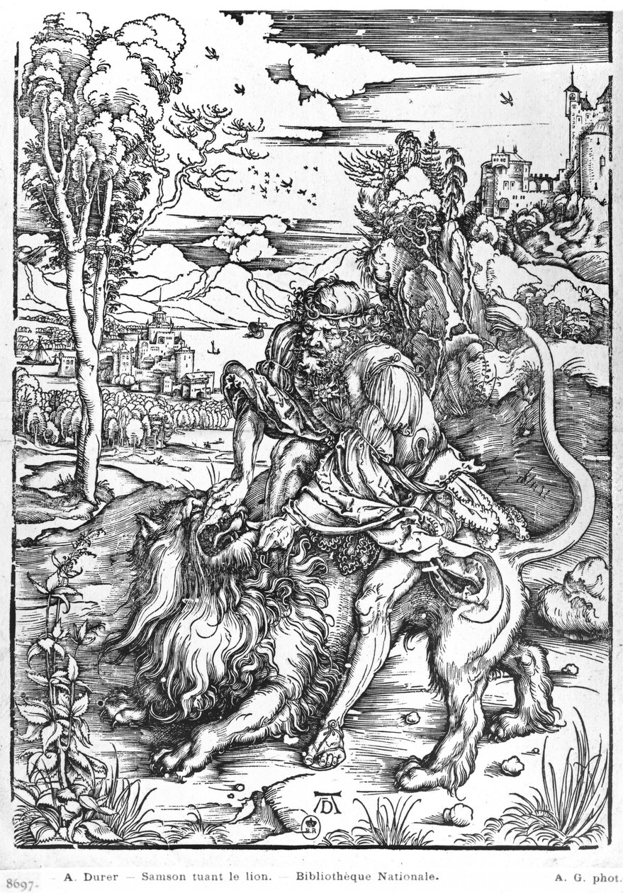 Samson zabija lwa, ok. 1496-98 autorstwa Albrecht Dürer