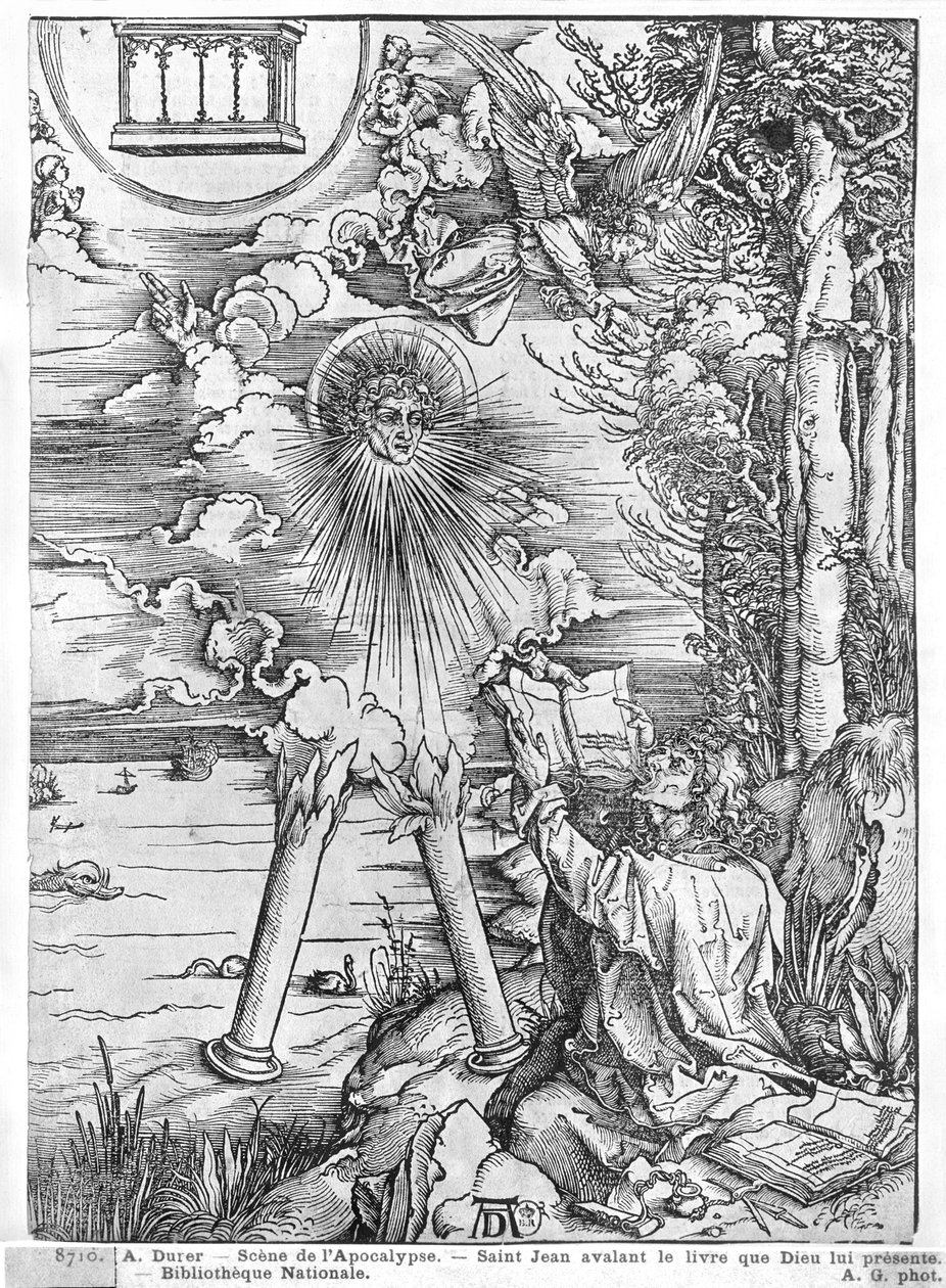 Scena z Apokalipsy, św. Jan pożerający Księgę, wydanie łac., 1511 (drzewryt) (fot. bw) autorstwa Albrecht Dürer
