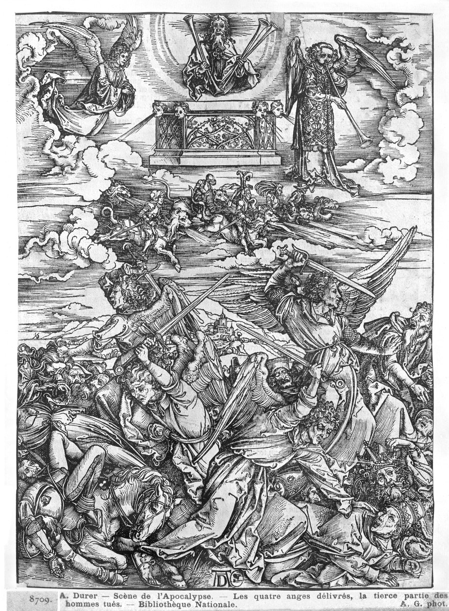 Scena z Apokalipsy, Cztery mściwe anioły, wydanie łac., 1511 autorstwa Albrecht Dürer