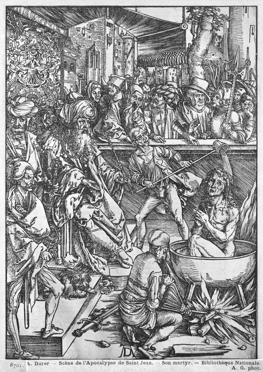 Scena z Apokalipsy, Męczeństwo św. Jana Ewangelisty, wydanie łacińskie, 1511 r. autorstwa Albrecht Dürer