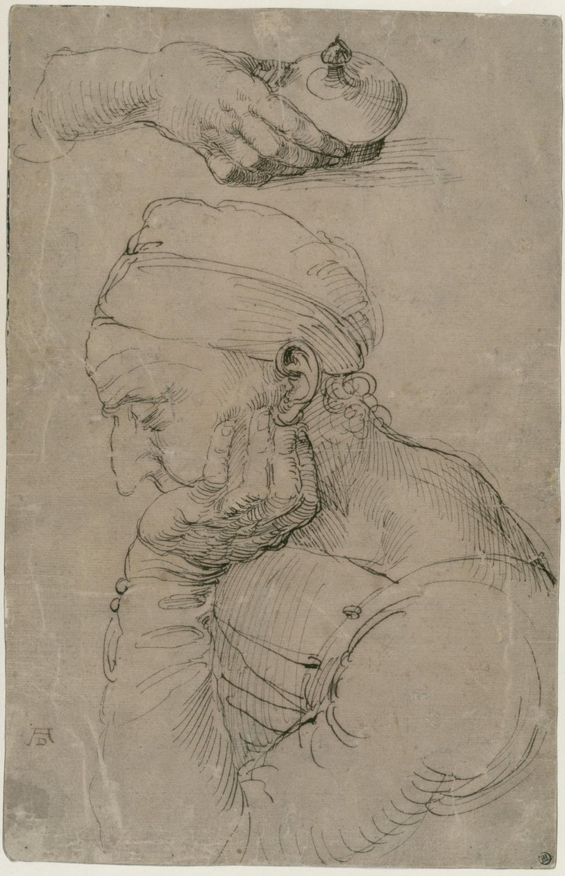Śpiący mężczyzna i studium dłoni z naczyniem na maść autorstwa Albrecht Dürer