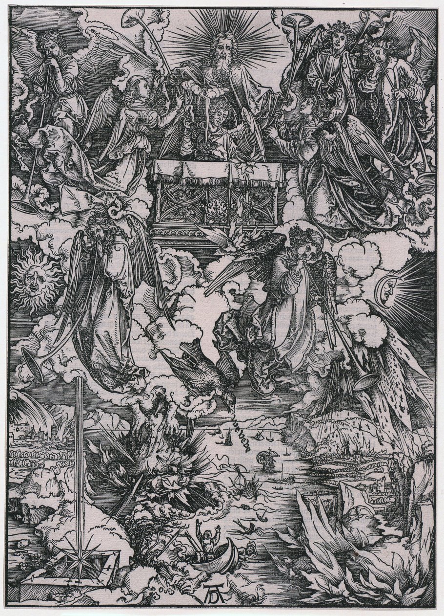 Siedmiu aniołów z trąbami, postać VI, karta 8 z cyklu „Apokalipsa” autorstwa Albrecht Dürer