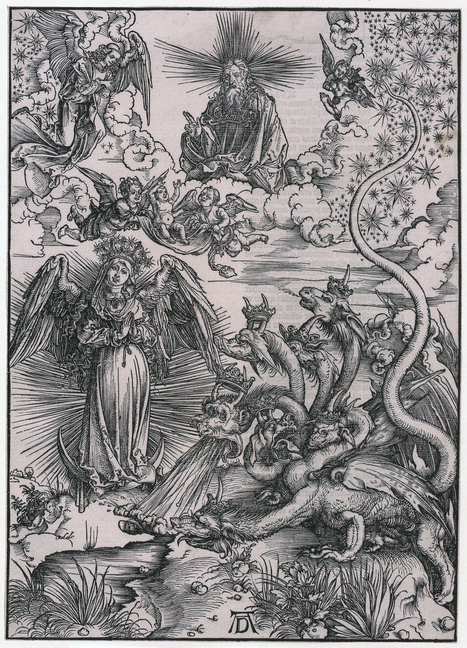 „Kobieta Słońca i siedmiogłowy smok”, postać IX, arkusz 11 z cyklu „Apokalipsa” autorstwa Albrecht Dürer