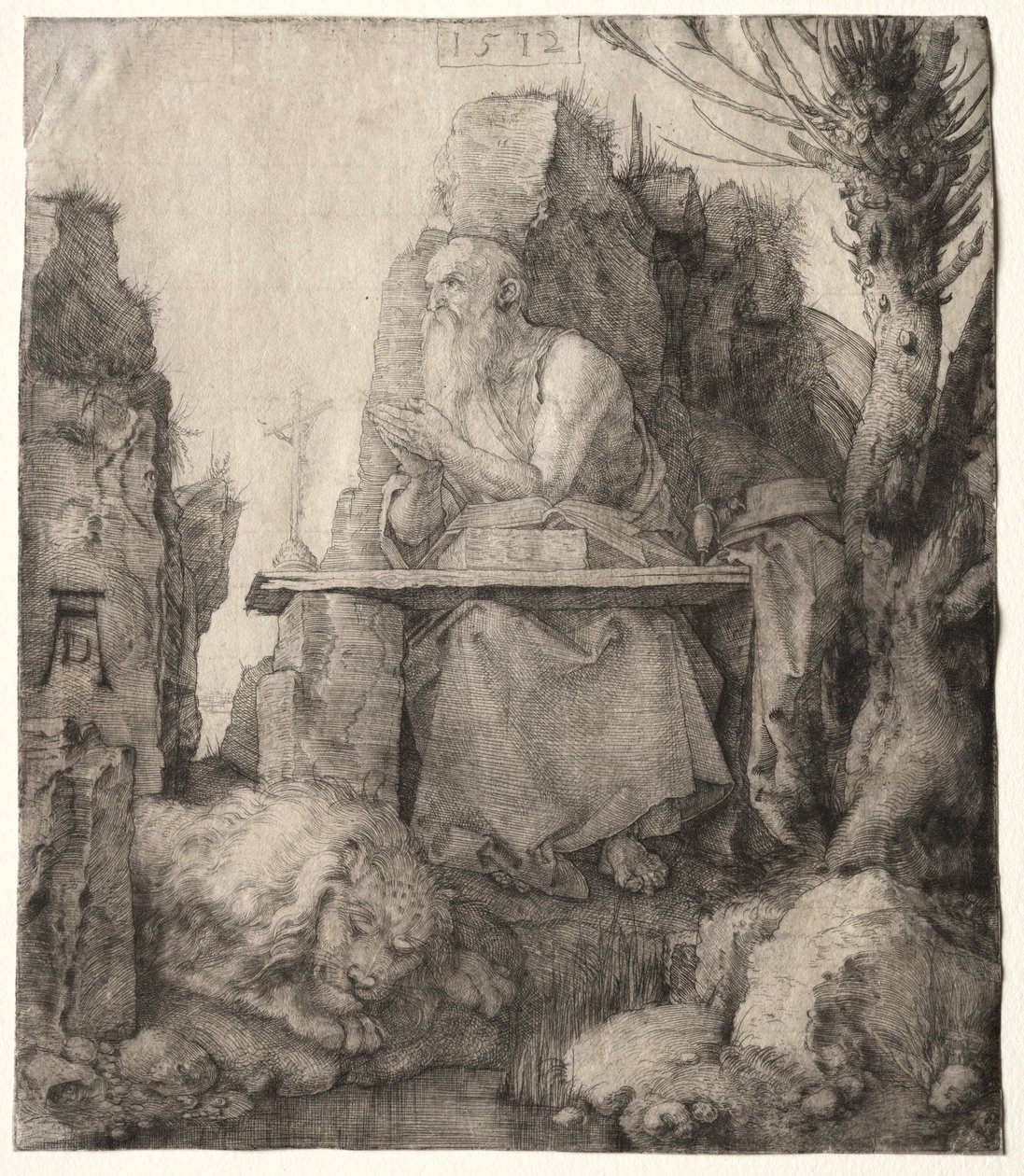 Św. Jerome siedzący w pobliżu wierzby Pollard, 1512. autorstwa Albrecht Dürer