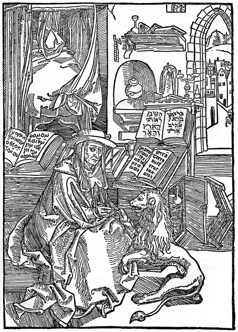 Św. Hieronim w swoim gabinecie wyciąga cierń z łapy lwa, 1492, 1936 autorstwa Albrecht Dürer