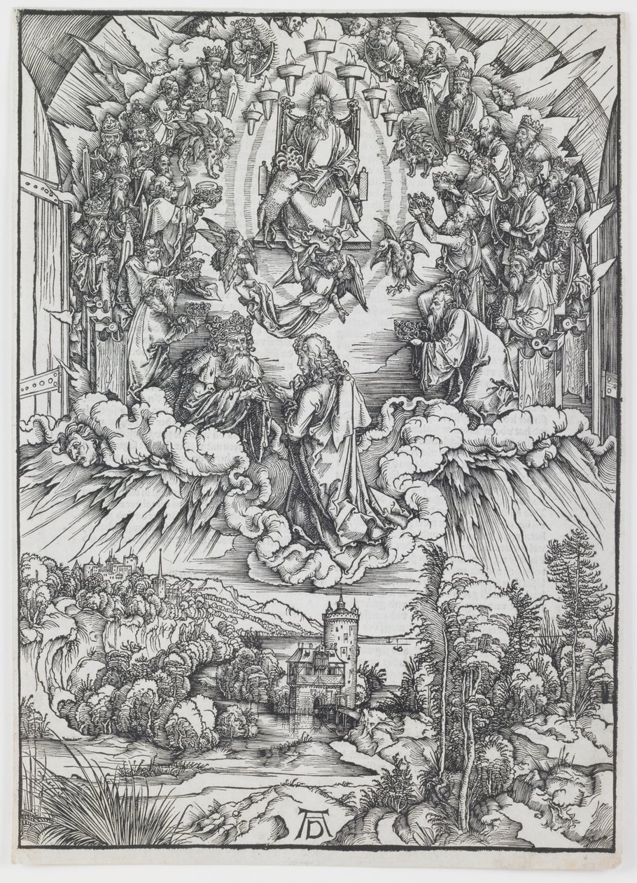 Św. Jan przed Bogiem i starszymi z cyklu „Apokalipsa” autorstwa Albrecht Dürer