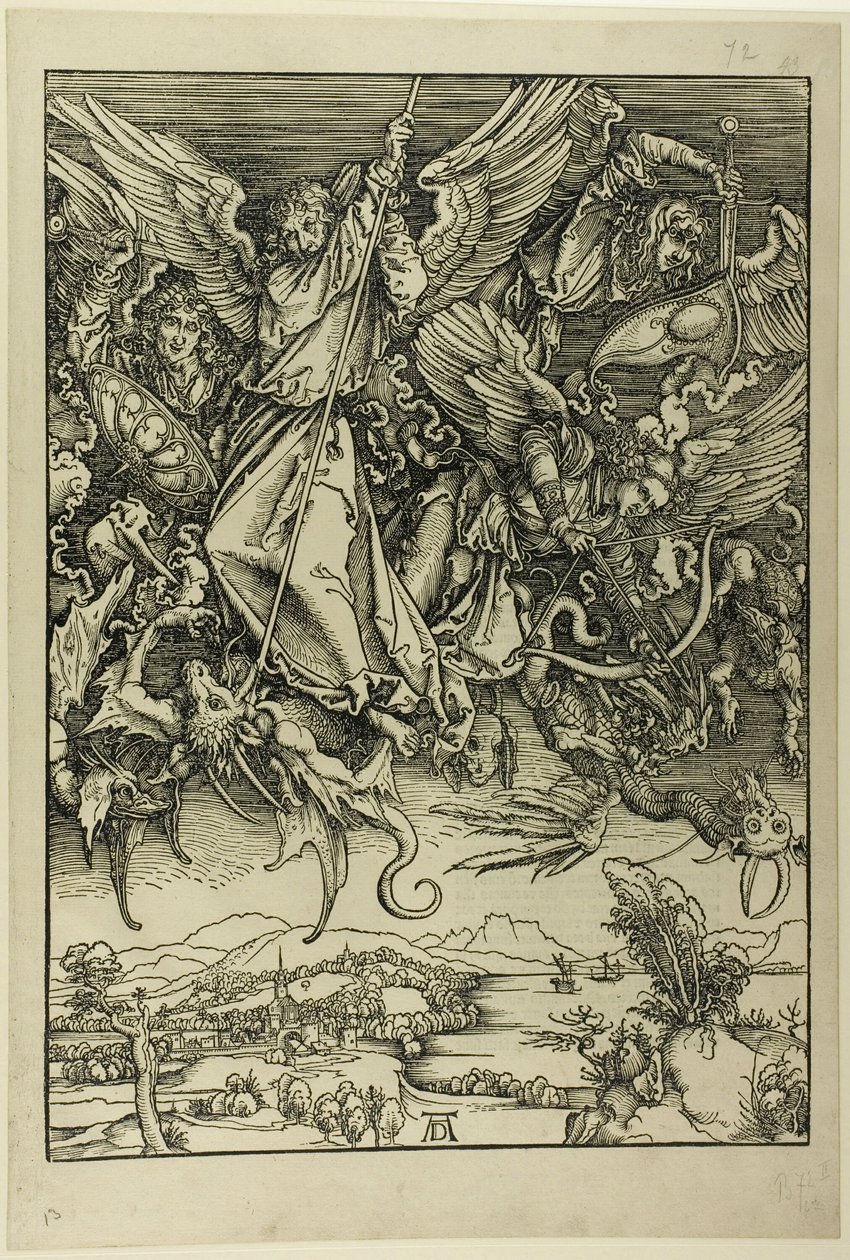 Św. Michał walczący ze smokiem, z Apokalipsy autorstwa Albrecht Dürer