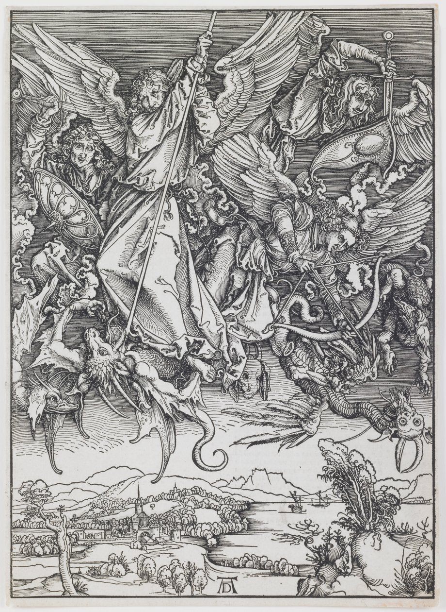 Św. Michał walczący ze smokiem, z cyklu „Apokalipsa” autorstwa Albrecht Dürer