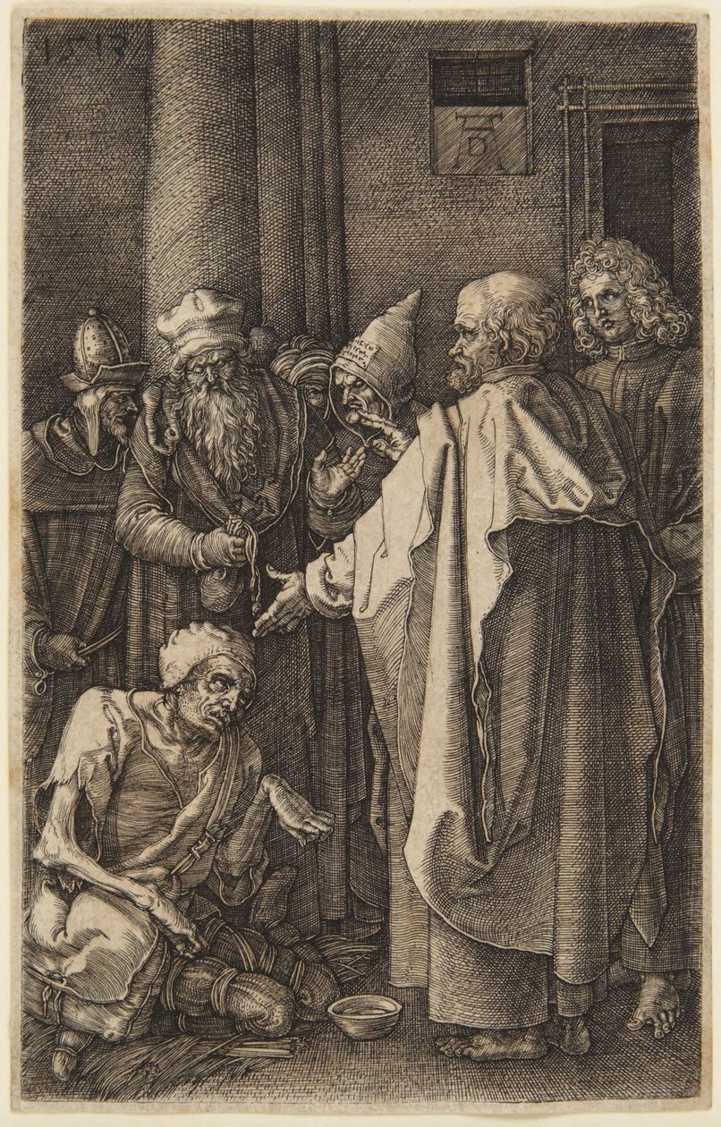 Św. Piotr i św. Jan uzdrawiają kalekę  (nr 16 z cyklu „Pasja w rycinach”) autorstwa Albrecht Dürer