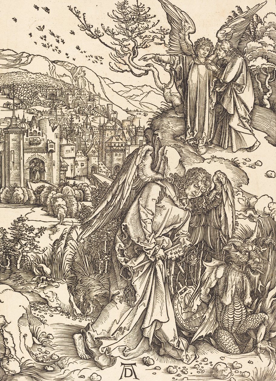 Anioł z kluczem do bezdennej jamy, 1498. autorstwa Albrecht Dürer