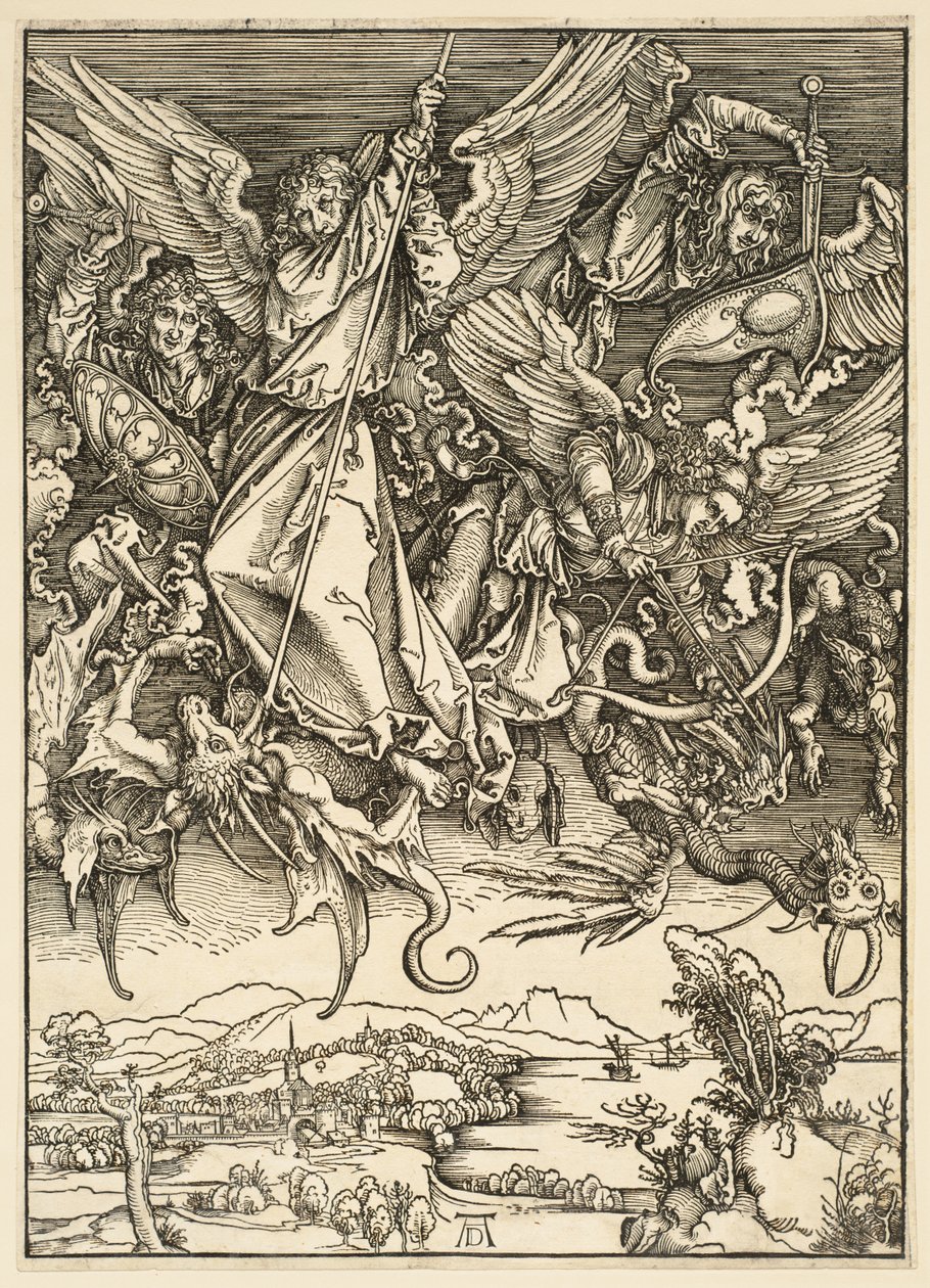 Apokalipsa: święty Michał walczący ze smokiem autorstwa Albrecht Dürer