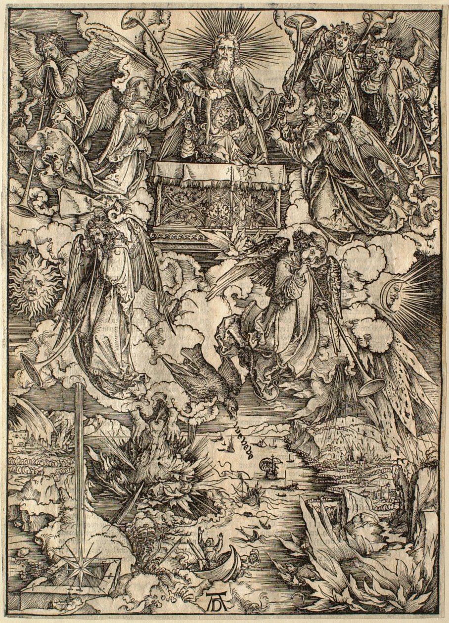 Apokalipsa: Siedmiu aniołów z trąbami autorstwa Albrecht Dürer