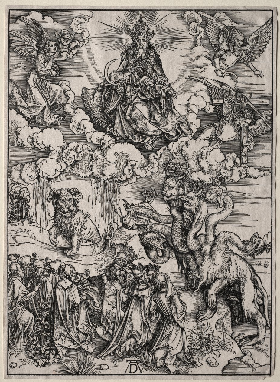 Bestia z siedmioma głowami i Bestia z rogami baranka autorstwa Albrecht Dürer