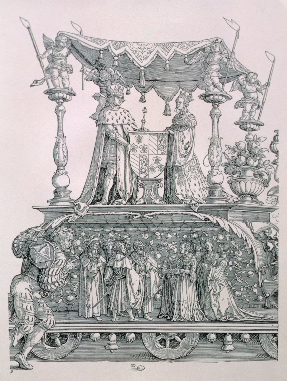 Zaślubiny Burgundzkie albo procesja triumfalna cesarza Niemiec Maksymiliana I (1459-1519) przedstawiająca rydwan weselny Maksymiliana i Marii Burgundzkiej (1458-82), wyd. 1526 (detal autorstwa Albrecht Dürer