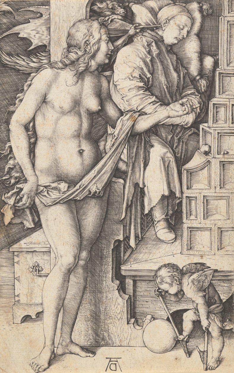 Sen doktora Kuszenie próżniaka, 14981499. autorstwa Albrecht Dürer