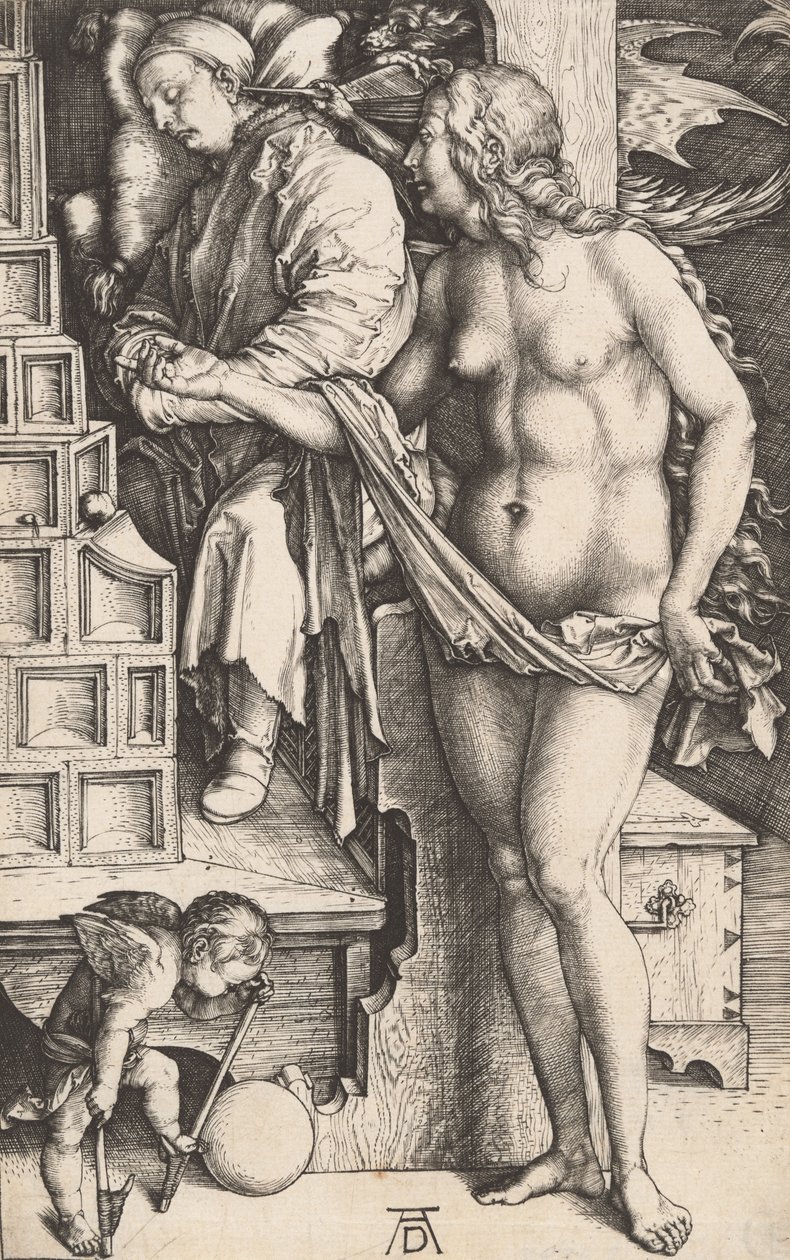 Sen doktora Kuszenie próżniaka, 14981499. autorstwa Albrecht Dürer