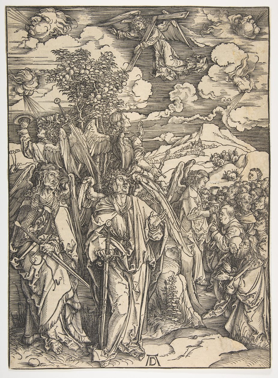 Cztery anioły trzymające wiatry, z Apokalipsy, wydanie niemieckie, 1498, ca. 1498. autorstwa Albrecht Dürer