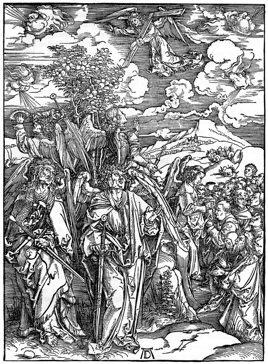 Cztery Anioły trzymające wiatry, 1498, 1936 autorstwa Albrecht Dürer