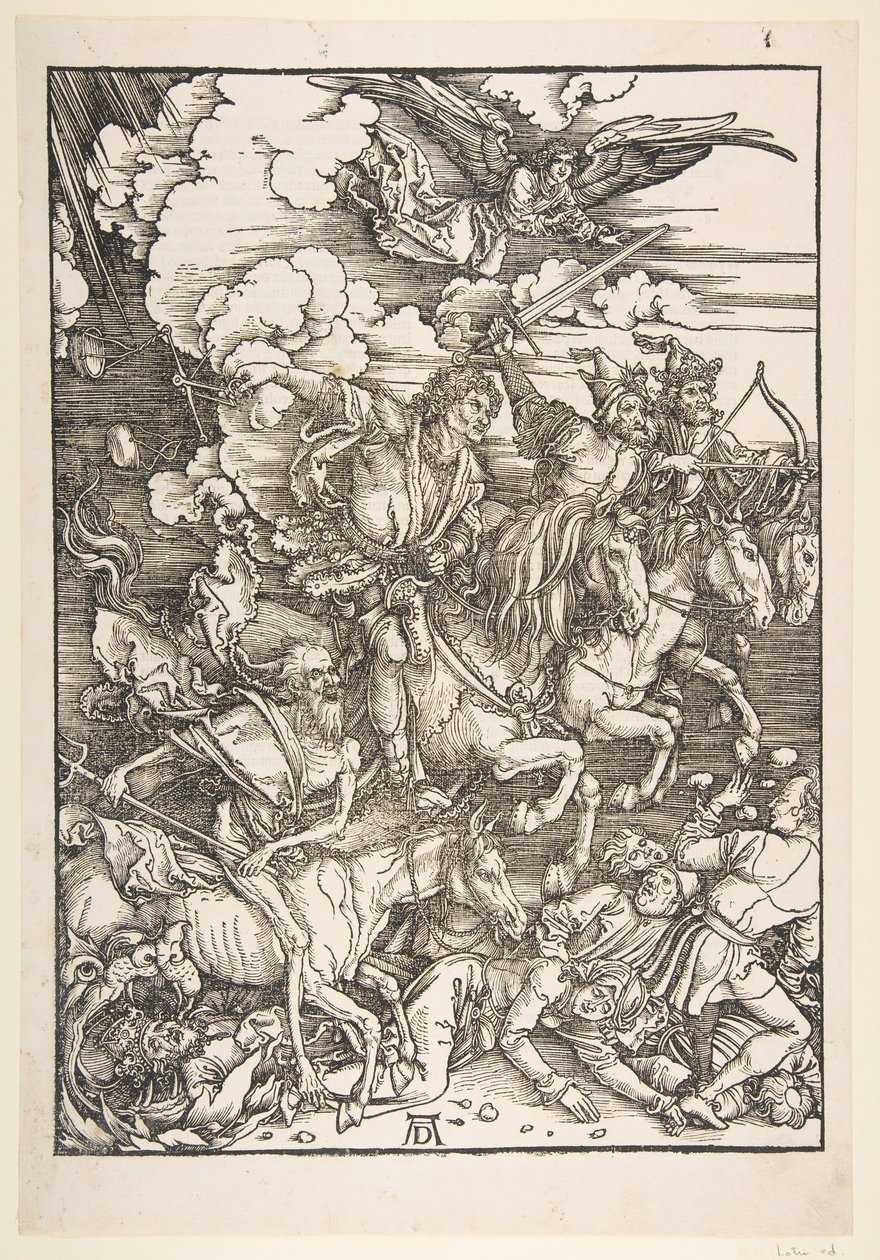 Czterej jeźdźcy z Apokalipsy, wydanie łacińskie, 1511, ca. 1511. autorstwa Albrecht Dürer