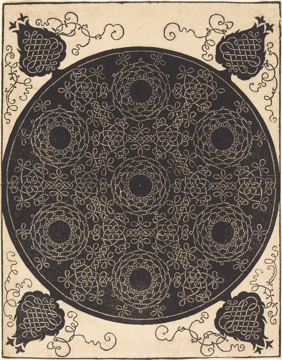 Czwarty węzeł (łączący siedem okrągłych grup węzłów z czarnymi środkami) autorstwa Albrecht Dürer