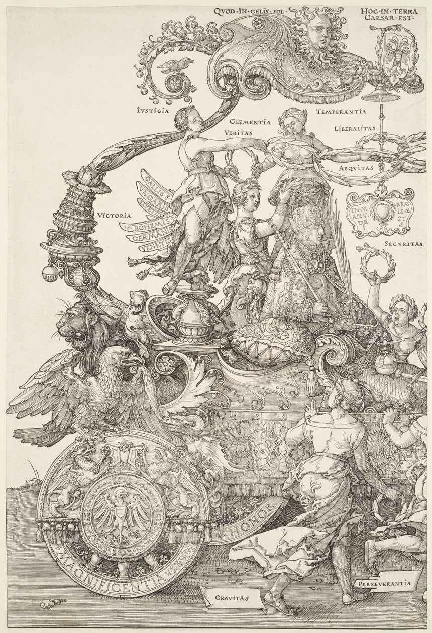 Wielki wóz triumfalny: lewa część wozu z cesarzem koronowanym przez Zwycięstwo autorstwa Albrecht Dürer