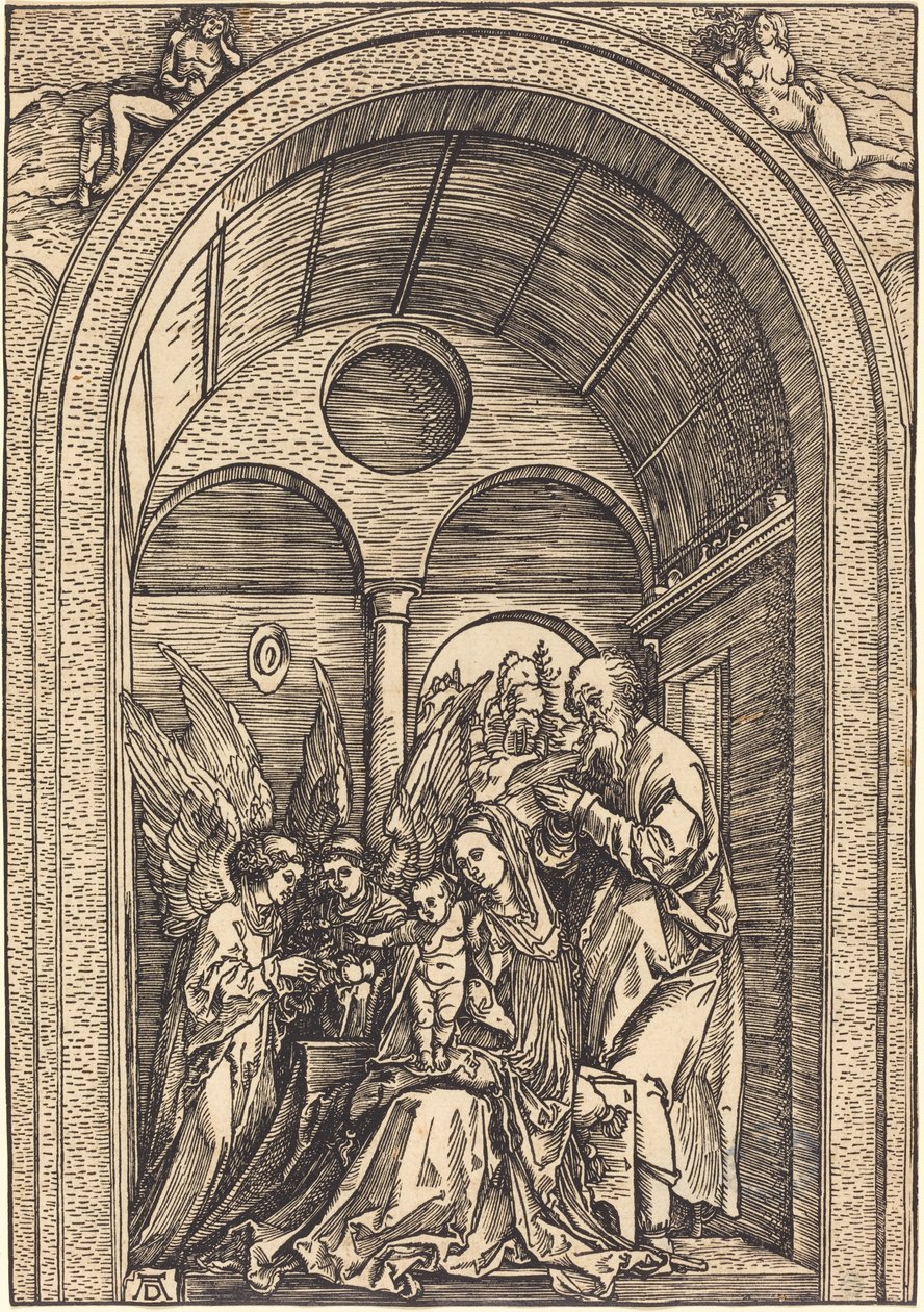 Święta Rodzina z dwoma aniołami w sklepionej sali autorstwa Albrecht Dürer