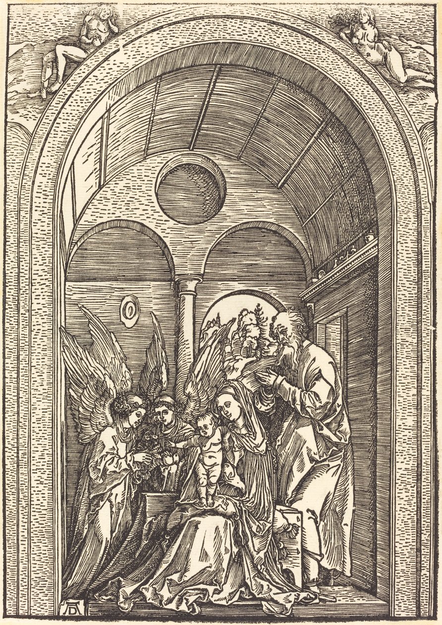 Święta Rodzina z dwoma aniołami w sklepionej sali autorstwa Albrecht Dürer