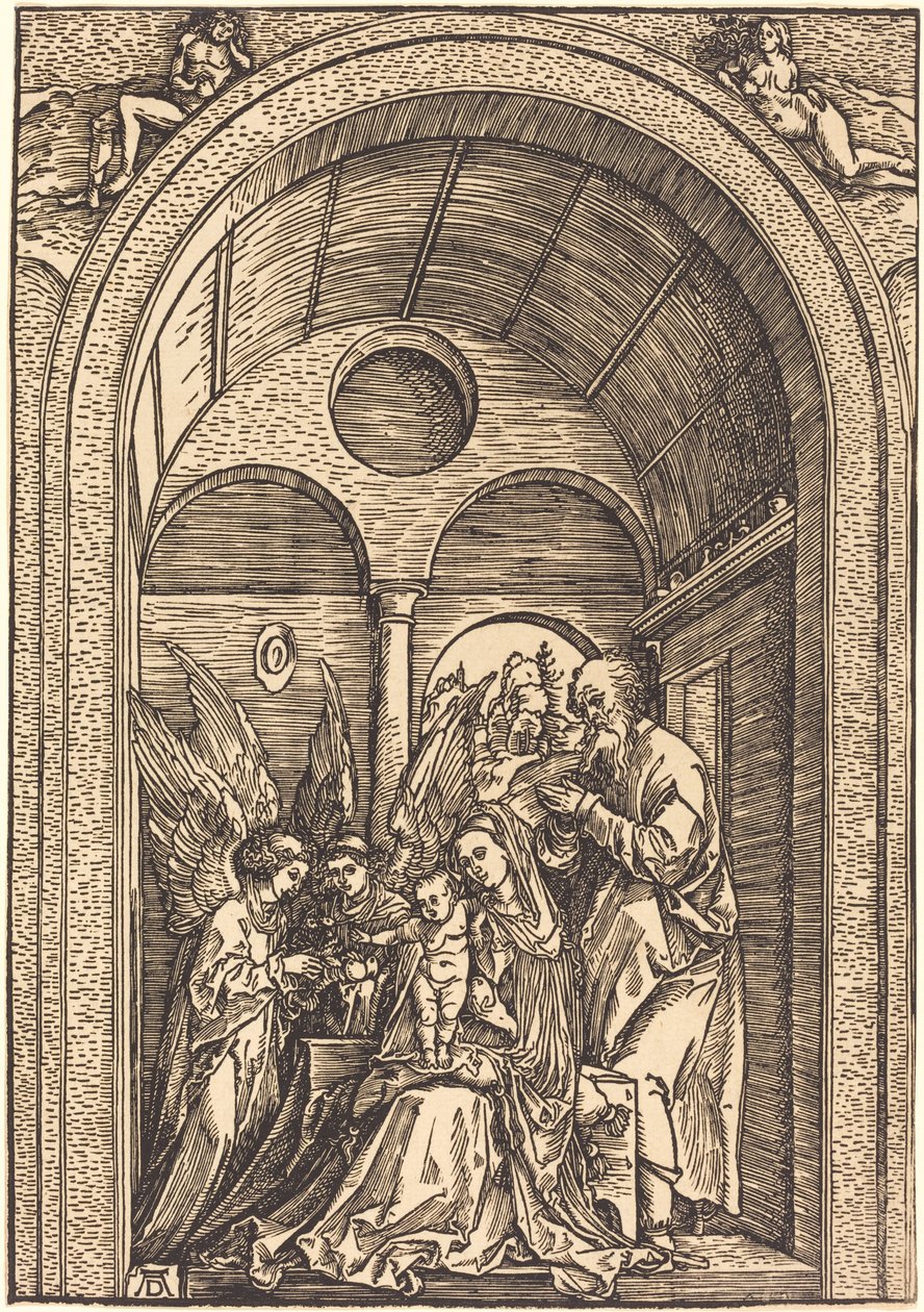 Święta Rodzina z dwoma aniołami w sklepionej sali autorstwa Albrecht Dürer