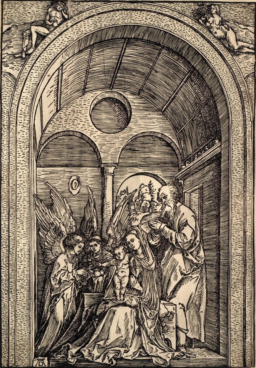 Święta Rodzina z dwoma aniołami w sklepionej sali autorstwa Albrecht Dürer